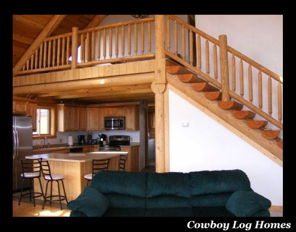 kitchen and great room of log cabin