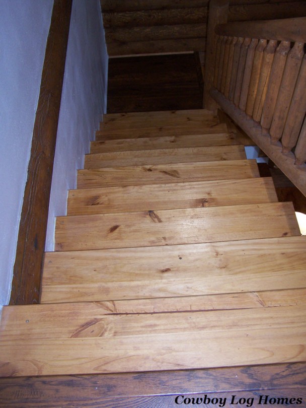 Timber Staircase in Log Home Looking Down