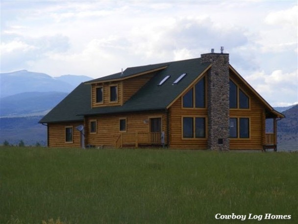 Log Home with Shed Dormer and Stone Fireplace