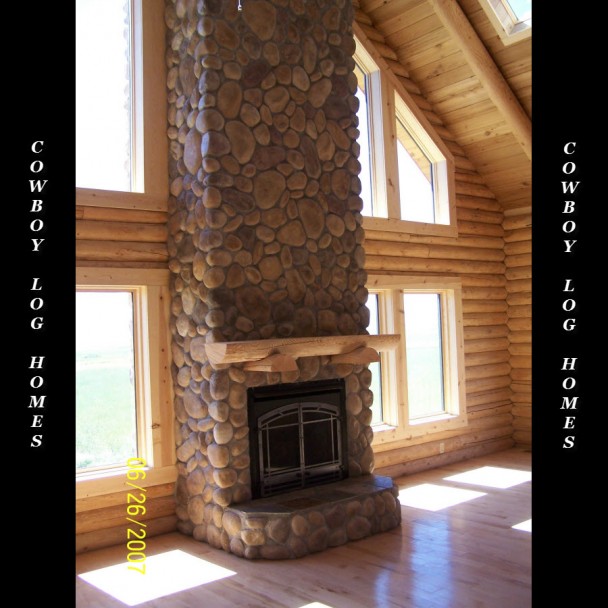 22 Foot Tall Stone Fireplace in Log Home