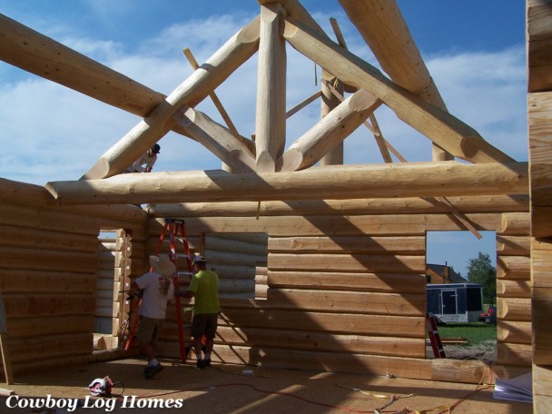Luxury Log Home King Trusses at End of Day