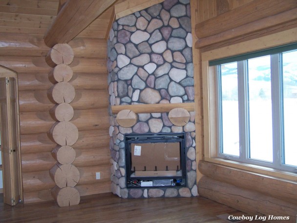 Douglas Fir Timber Mantle and Stone Fireplace