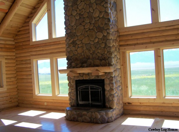 Stone Fireplace in Open Log Home Plan