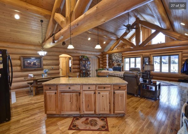 Great Room with Kitchen at One End of Log Home