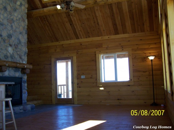 interior of milled log home great room
