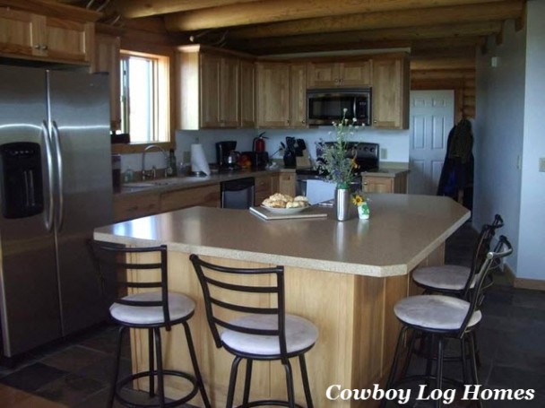 log home kitchen with bar