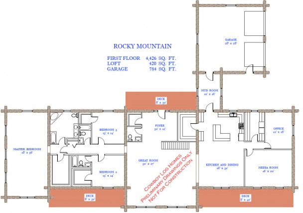 rocky mountain log home plan first floor